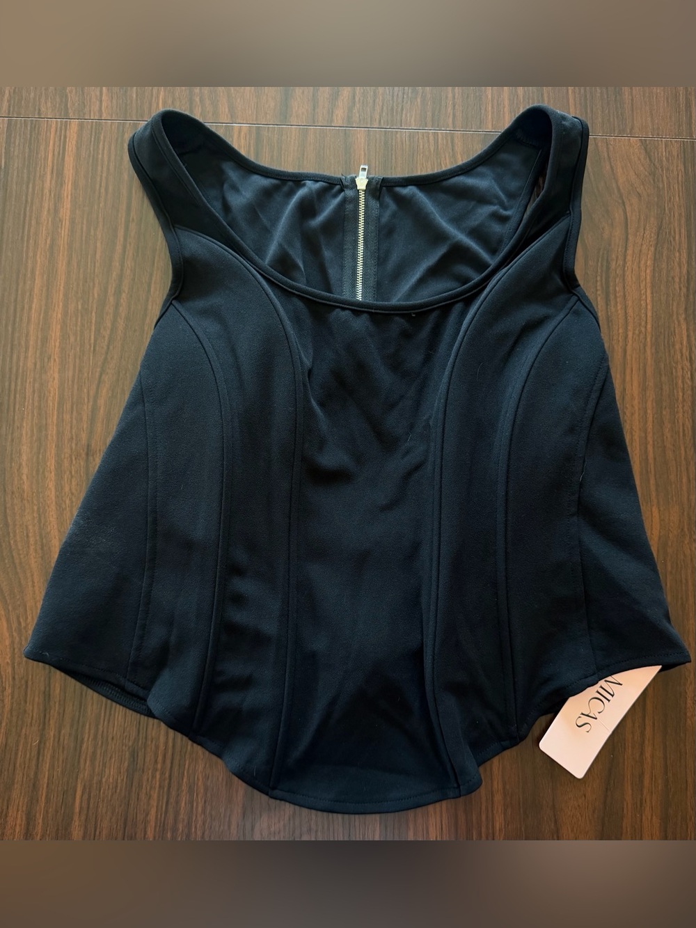 2XL Scoop Neck Black Corset Style Top with zipper and tie back